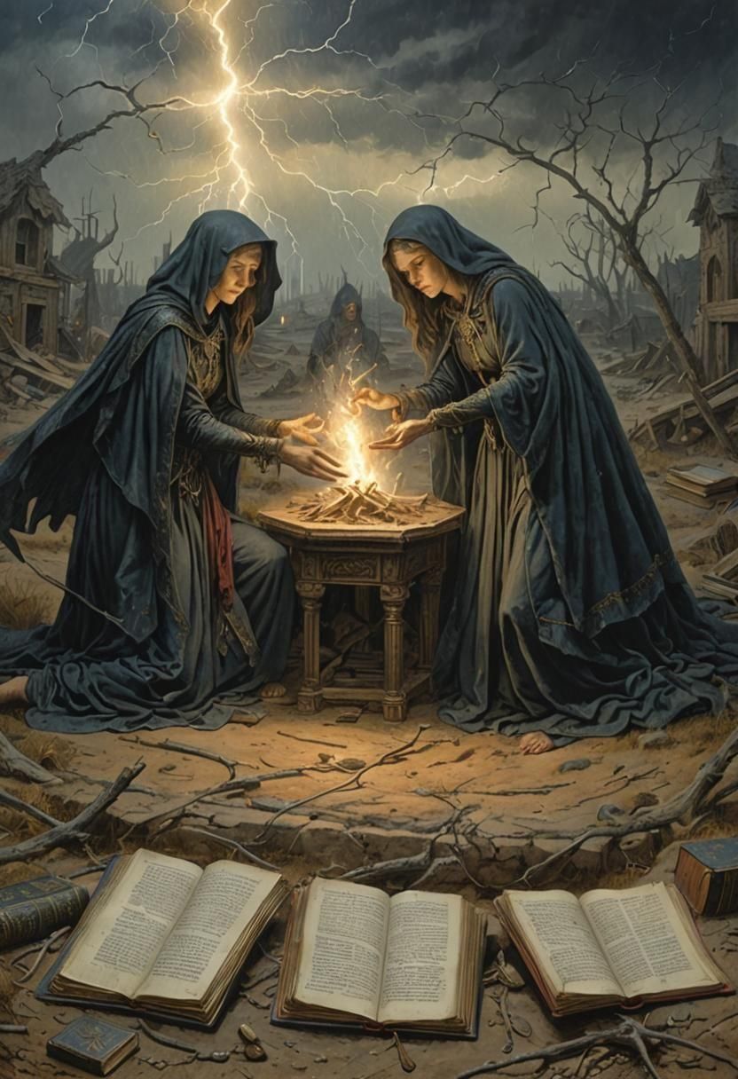 Two sorceresses perform a ritual in an abandoned wasteland next to an old settlement.