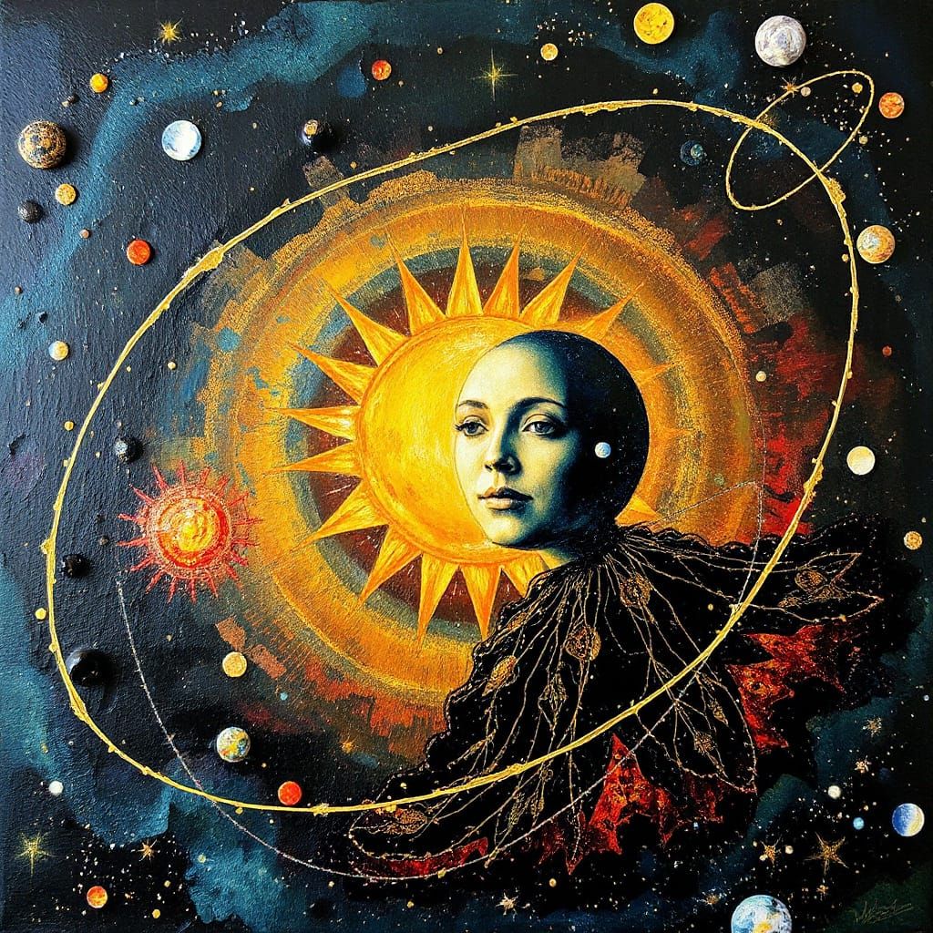 Sun and Moon Dance in Solar System Encaustic Painting