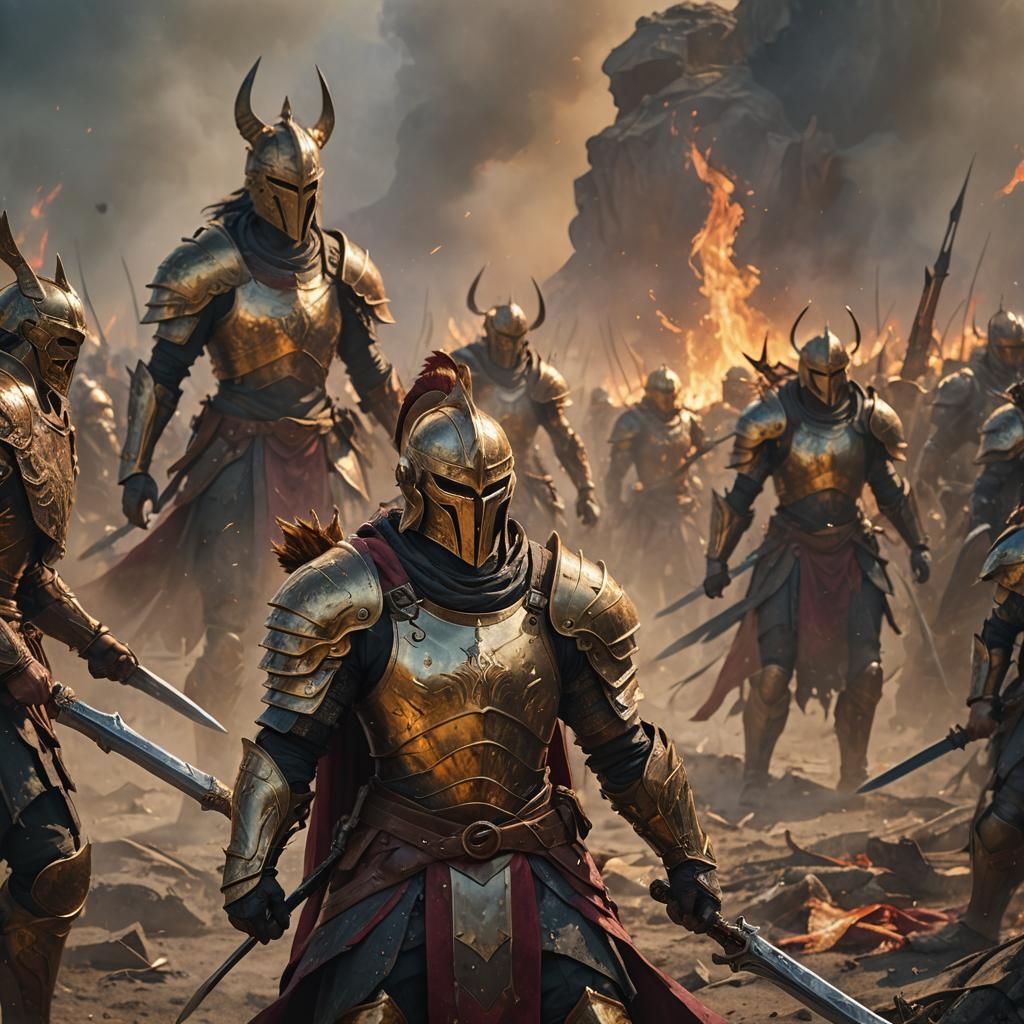 Warrior Stands Ready in Golden Armor, Surrounded by Chaos