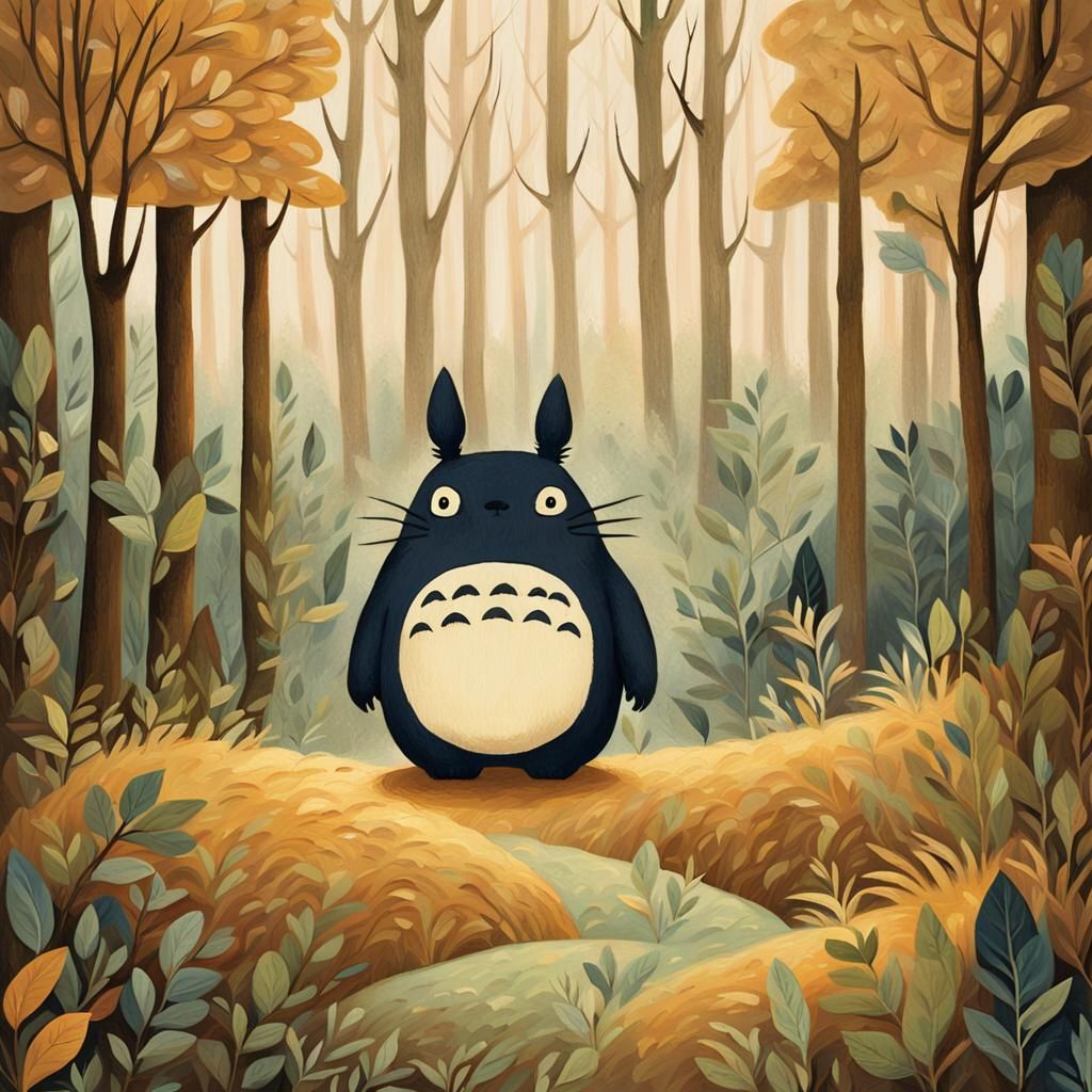 Totoro in Forest Clearing: Naive Folk Art