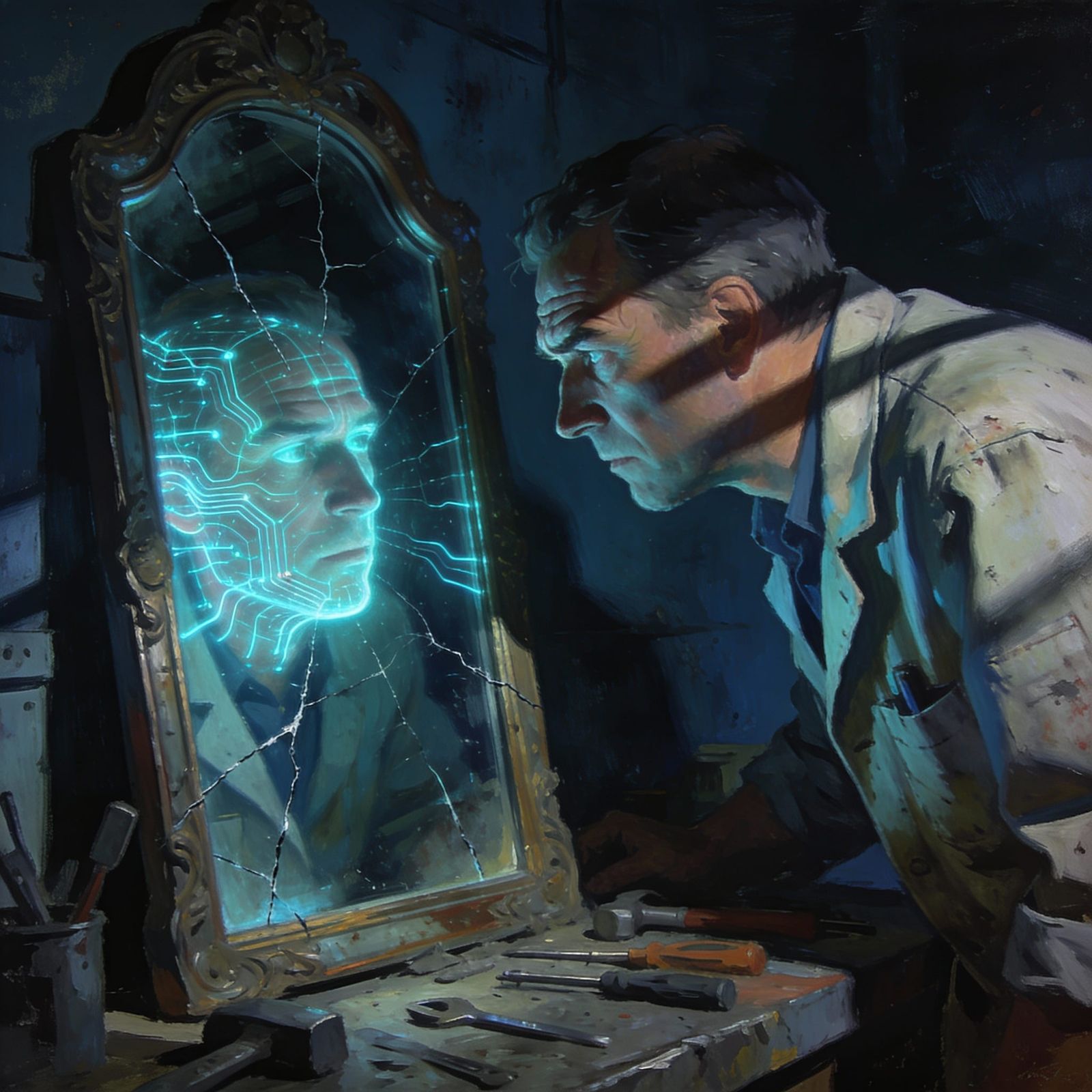 Engineer's Cracked Mirror Reflection Shows AI Neural Pattern...