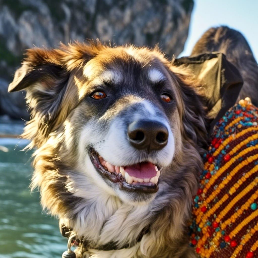 <lora:Nevi:1.0> smiling dog on beach, blue water, vibrant sky, 8K resolution, intricate details, hyperreal