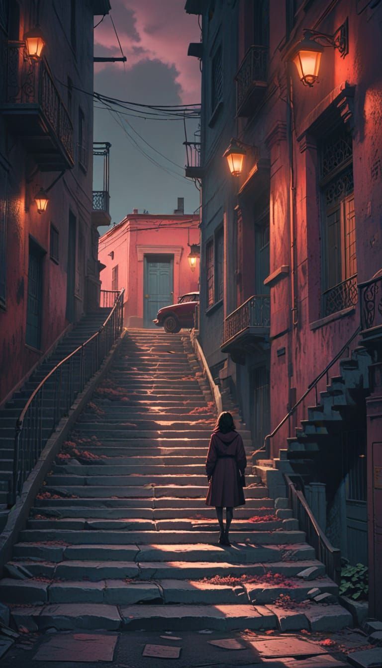 Mysterious Urban Street Scene with Dramatic Color Contrast