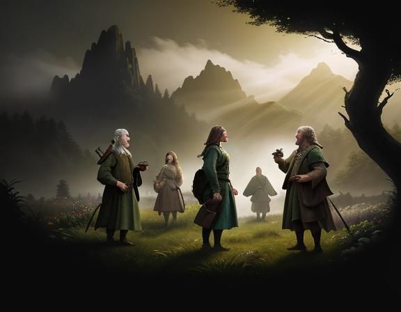 Female Hobbit in Garden with Hens, Sepia Watercolor