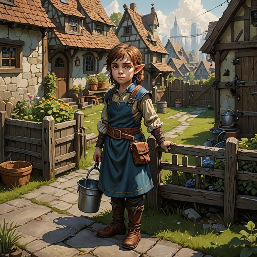 Halfling Dishwasher in City Backyard, D&D Setting