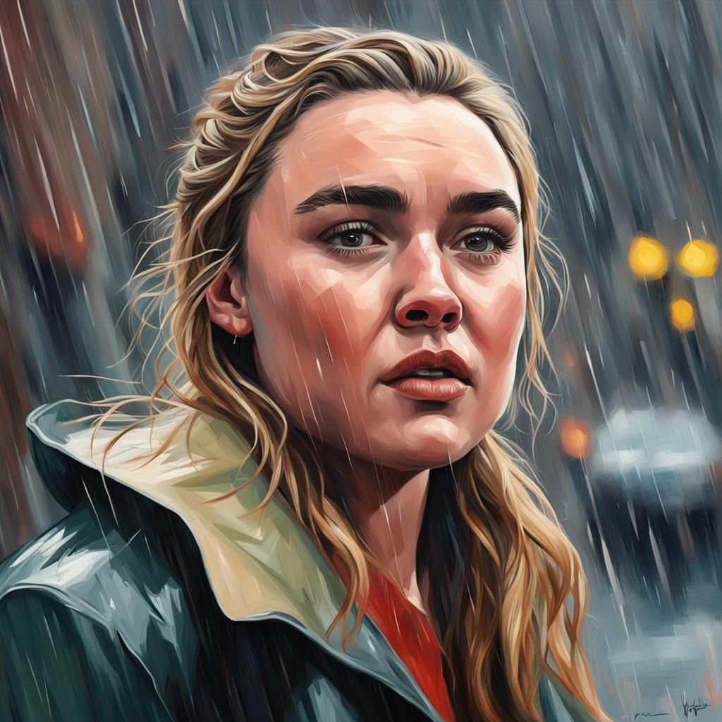 Realistic Painting of Florence Pugh in the Rain
