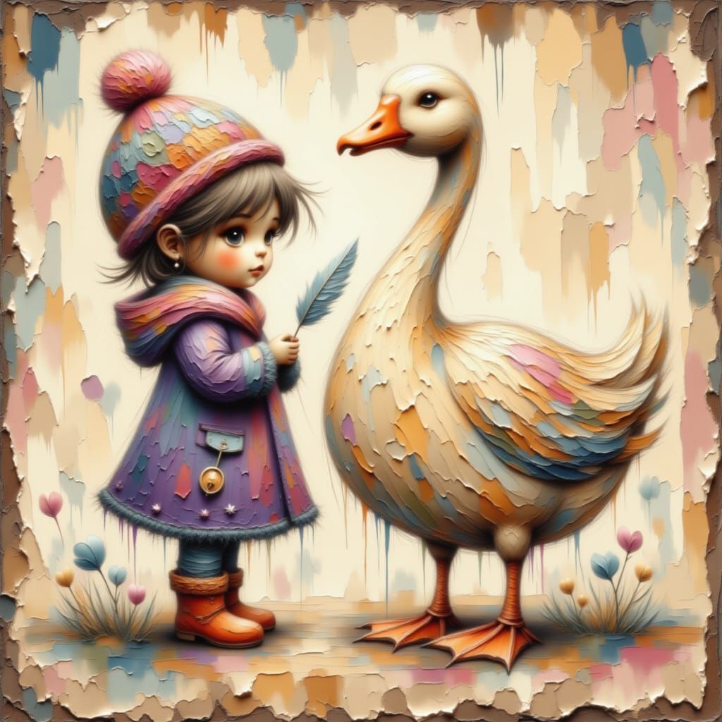 Child and Goose with Feather in Textured Painting Style