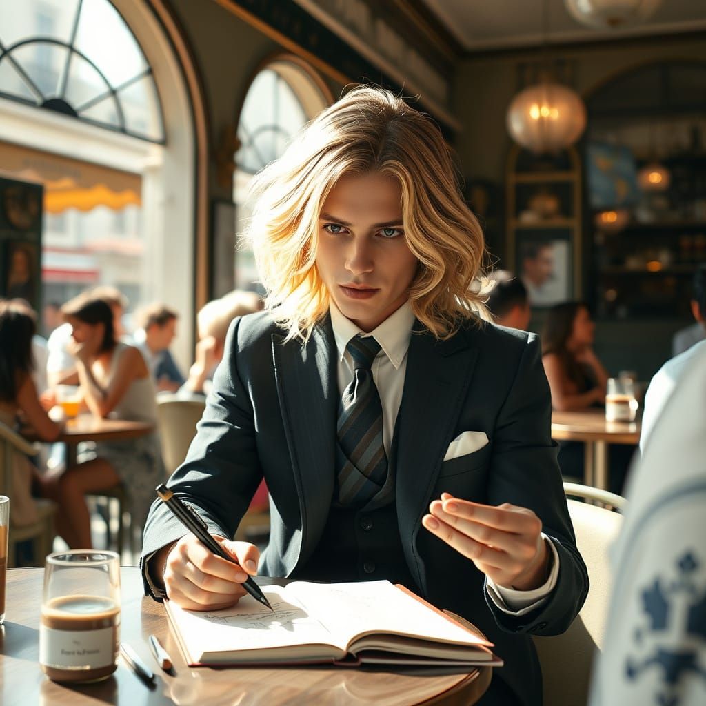 Androgynous Artist in Sun-Drenched Parisian Cafe