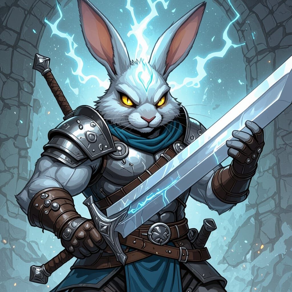 Rabbit Warrior with Magic Aura in Comic Book Style
