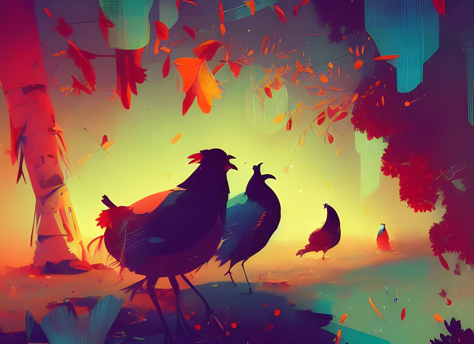 Anthropomorphic Turkeys in Composite Art Style