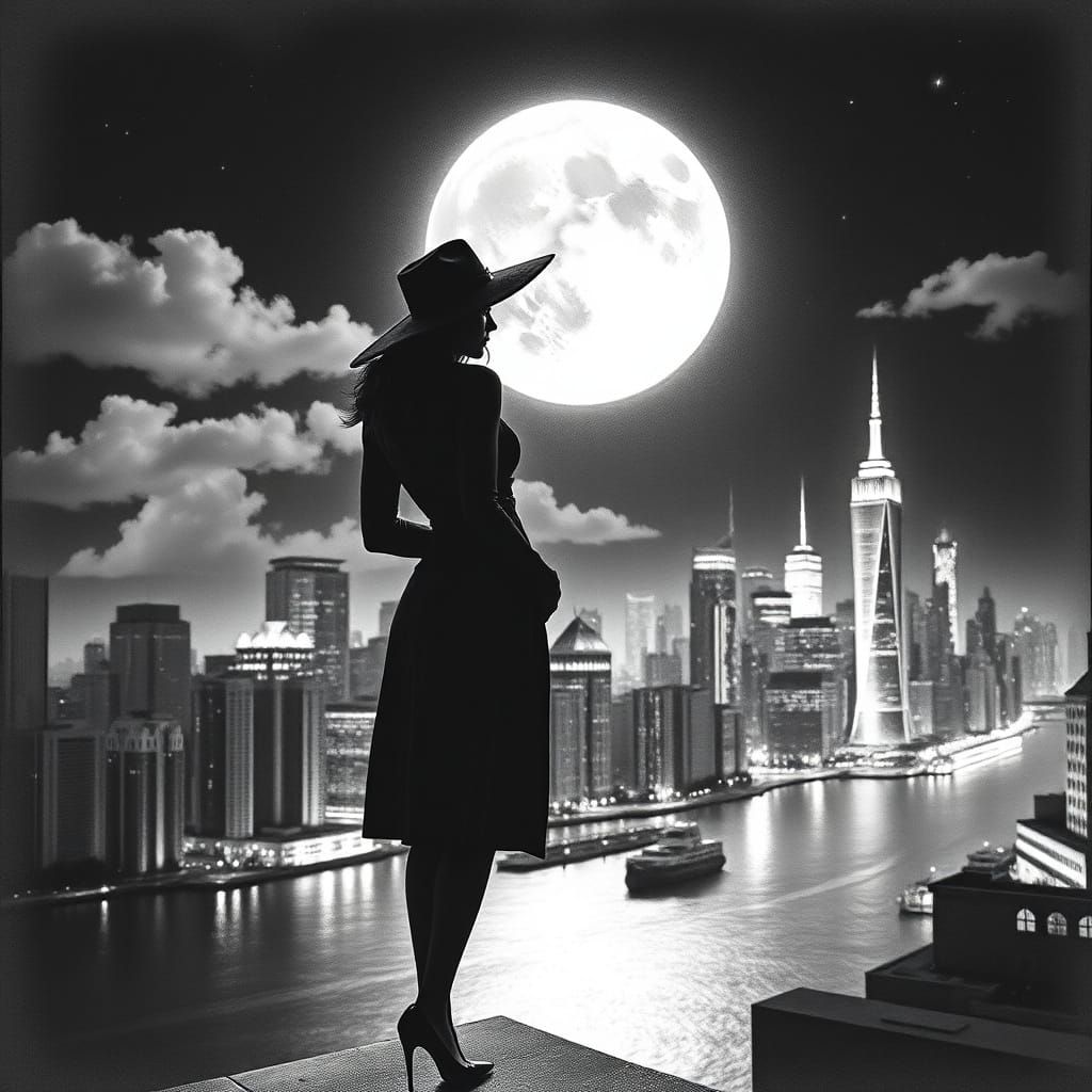 Sultry Film Noir Nighttime Cityscape with Silhouette Figure
