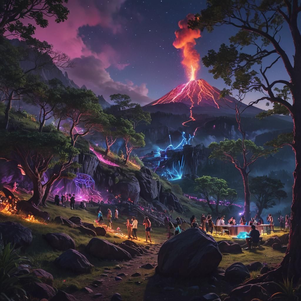 Neon Techno Party on a Mountainside Volcano
