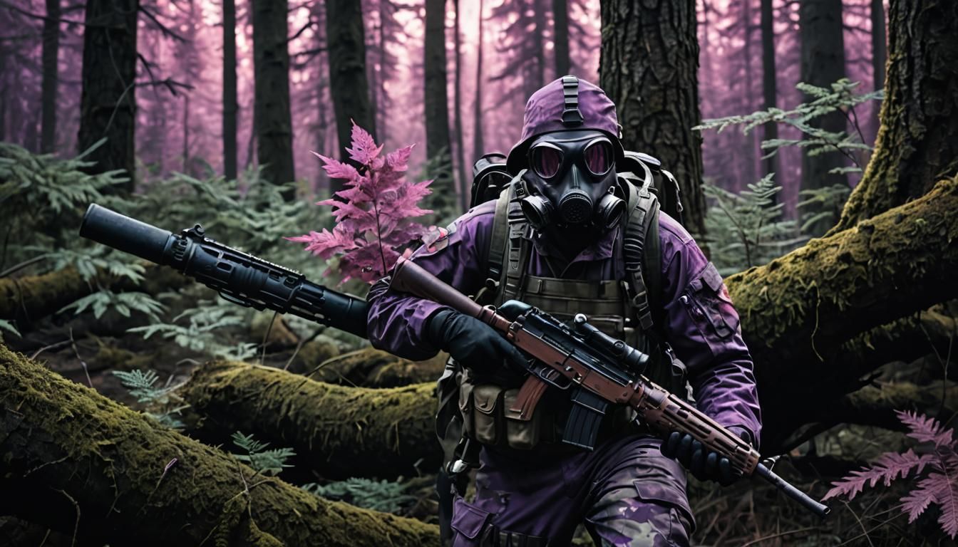 Survivalist in Infected Forest: Hyperrealistic Close-Up