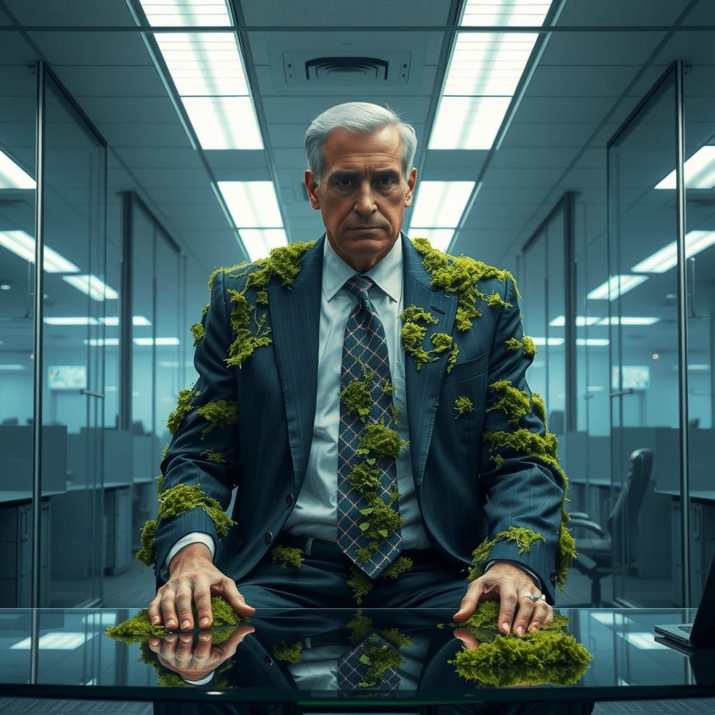 Moss-Covered Man in Modern Office Stillness