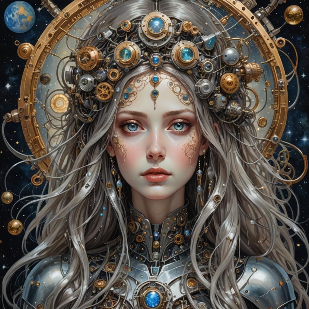 Steampunk Cyborg Woman in Space, Klimt Style