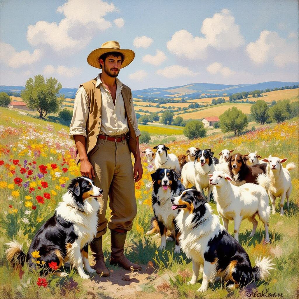 Southern France Farmer with Goats, Impressionist Style