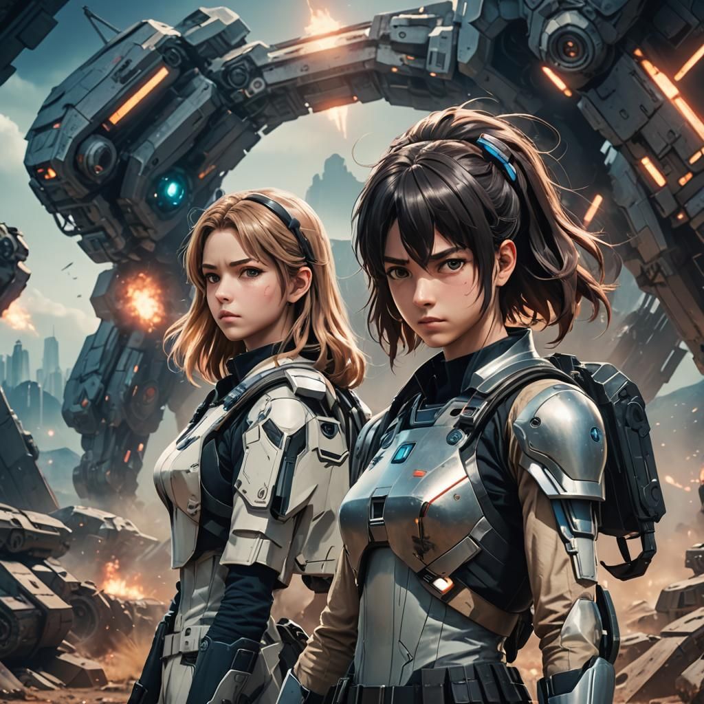 Defiant Couple in Sci-Fi Anime Style