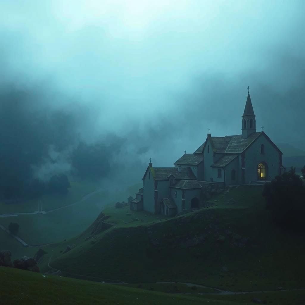 Monastic Ruins in Misty Valley at Twilight
