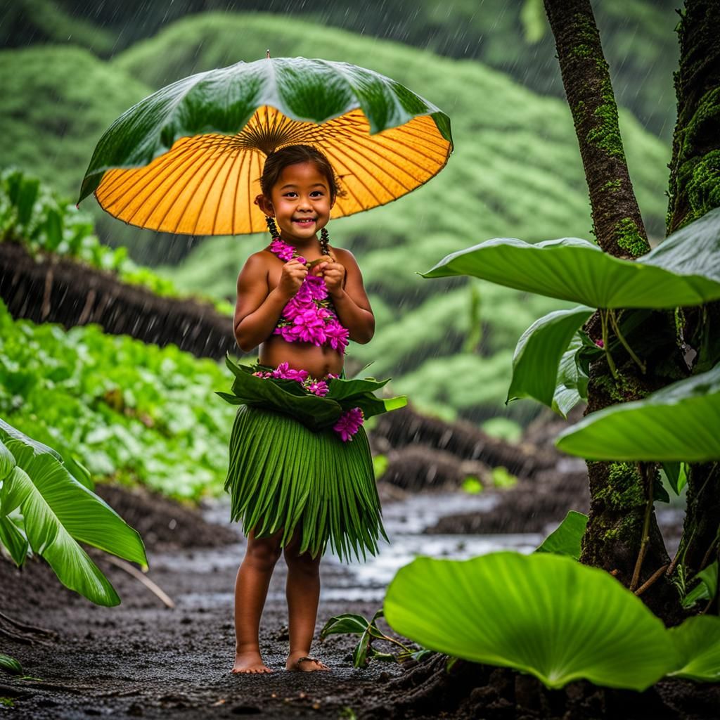 Hawaiian Girl Sheltering from Rain with Taro Leaf