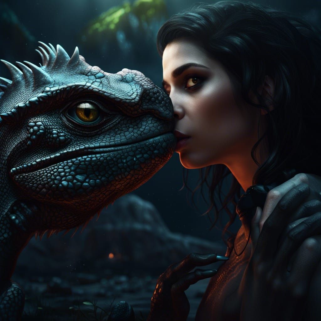 Woman Kissing Lizard in Noir Style