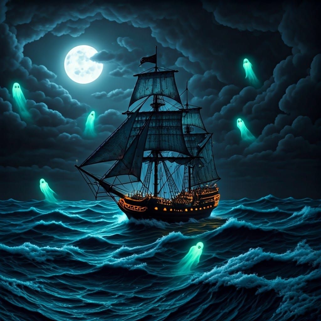 Crochet Ghost Ship Sailing Through Stormy Seas
