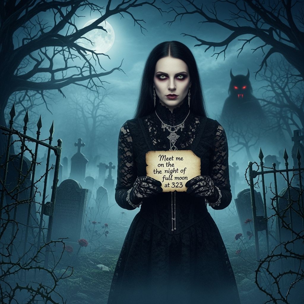 Gothic Woman in Misty Cemetery Under Full Moon