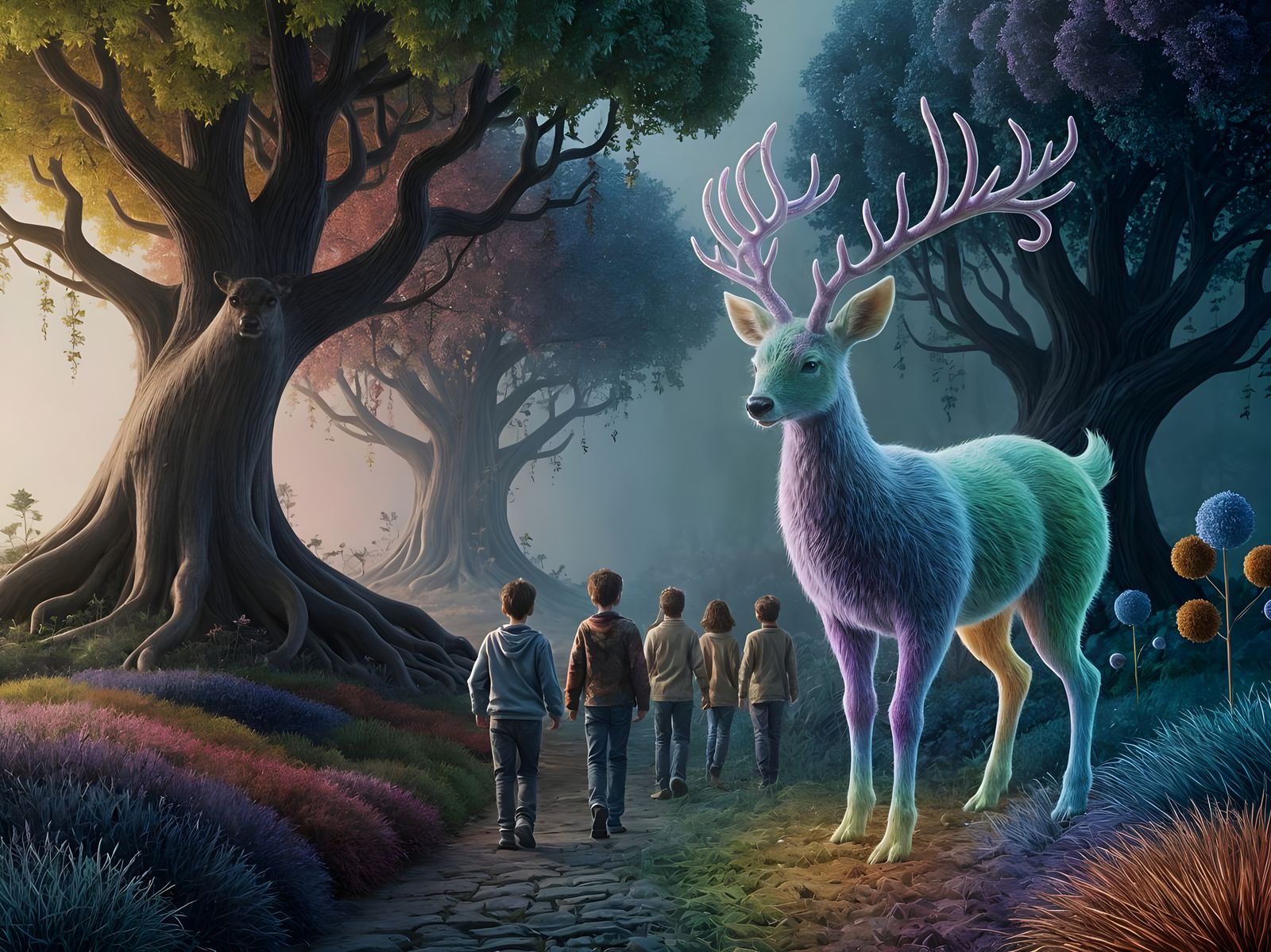 Ghostly Deer Leads Children Through Enchanted Forest