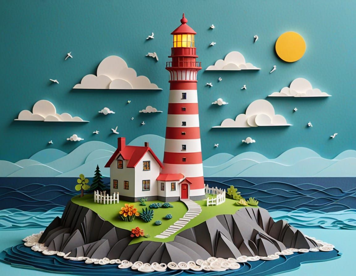 Colorful 3D Papercraft Lighthouse Illustration