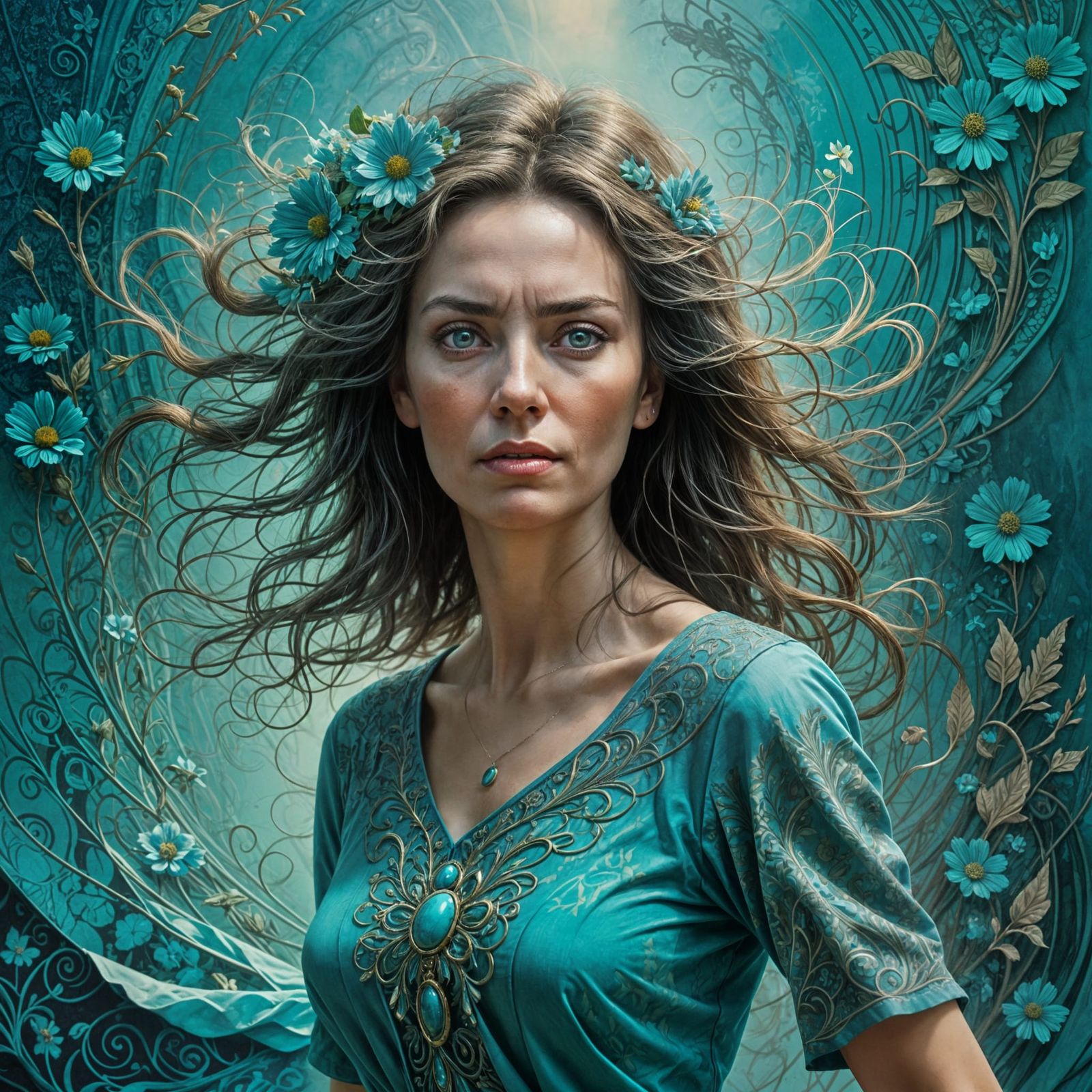 Mature Woman in Turquoise Dress, Surreal Fantasy Art