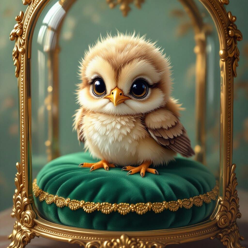 Adorable Griffin Chick in Glass Case, Dreamy Art Style