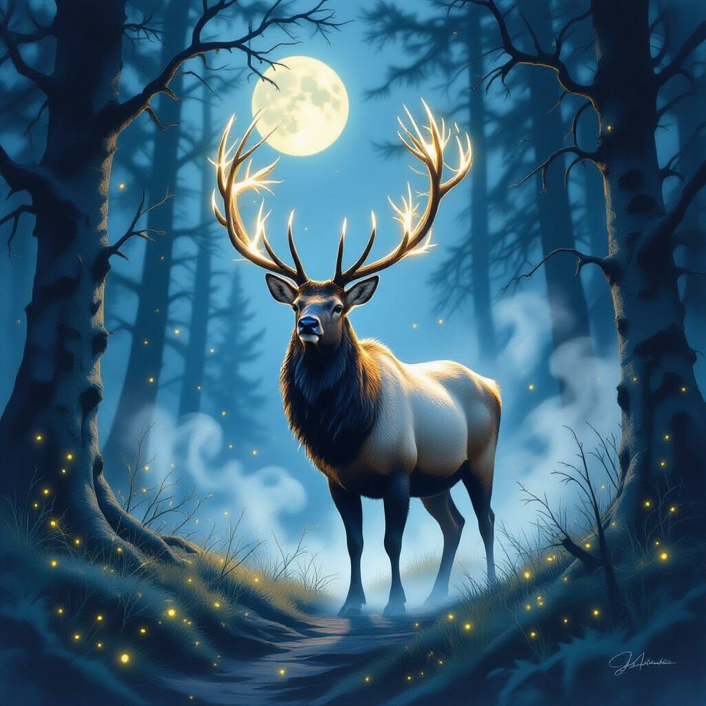 Majestic Elk with Glowing Antlers in Moonlit Forest