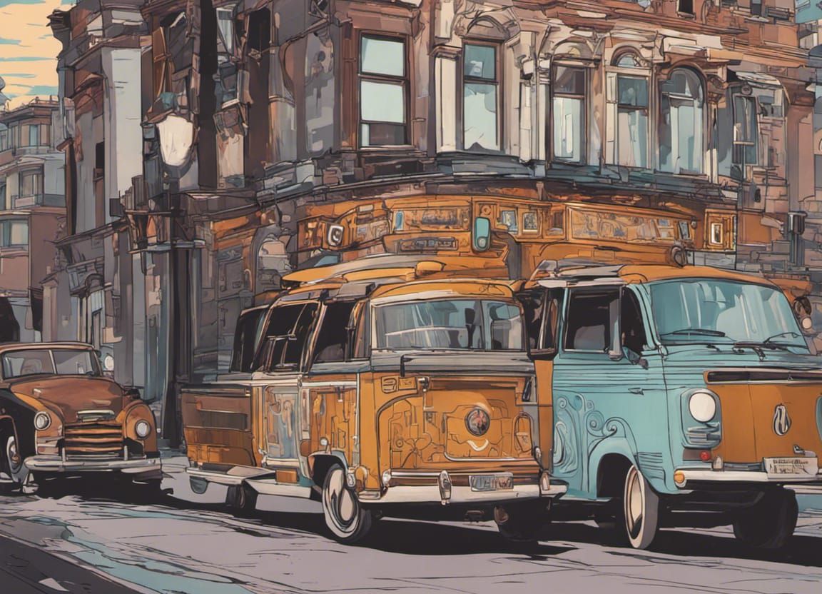 Vintage Campervan in Art Nouveau Cityscape