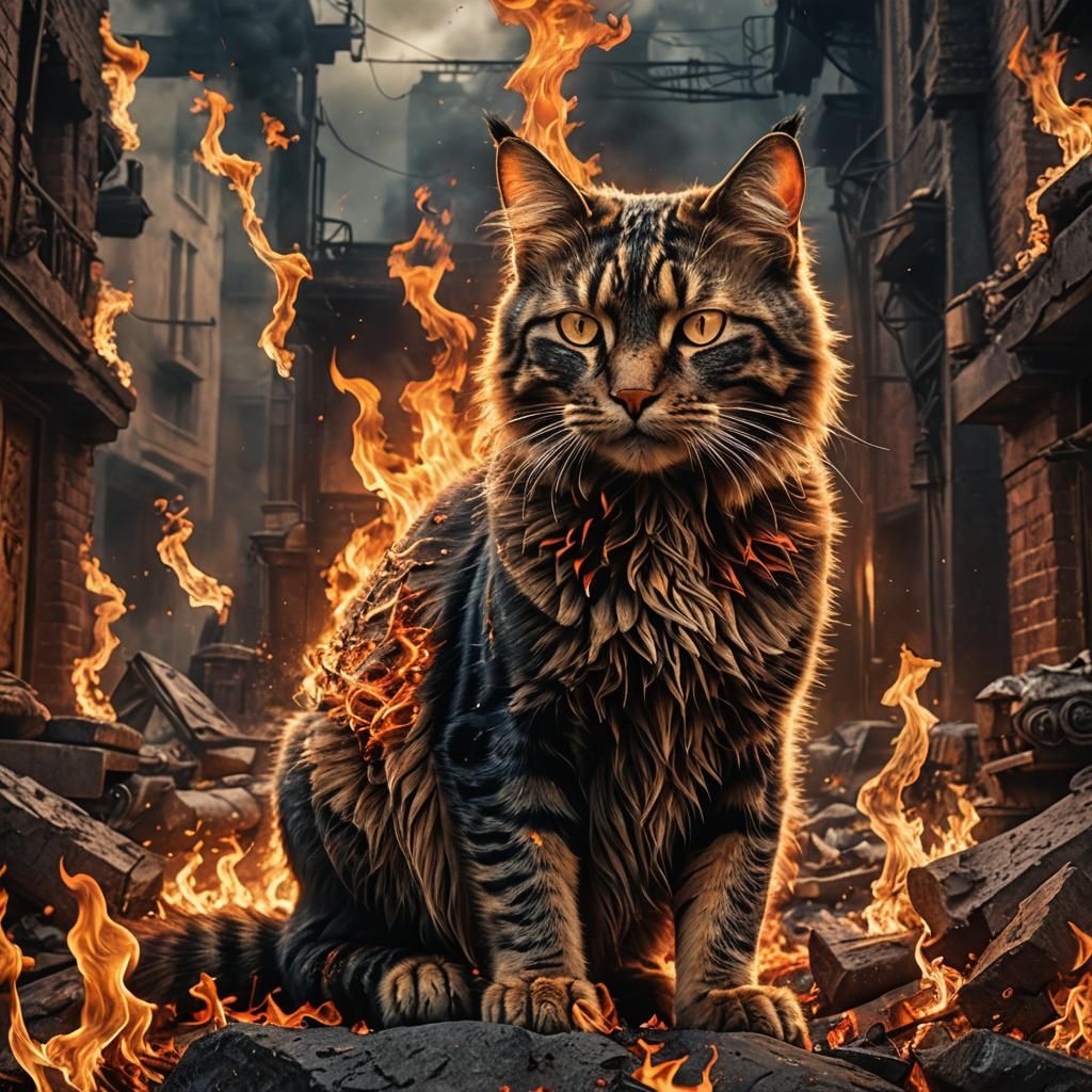 Hyperrealistic Fire Cat in Digital Matte Painting