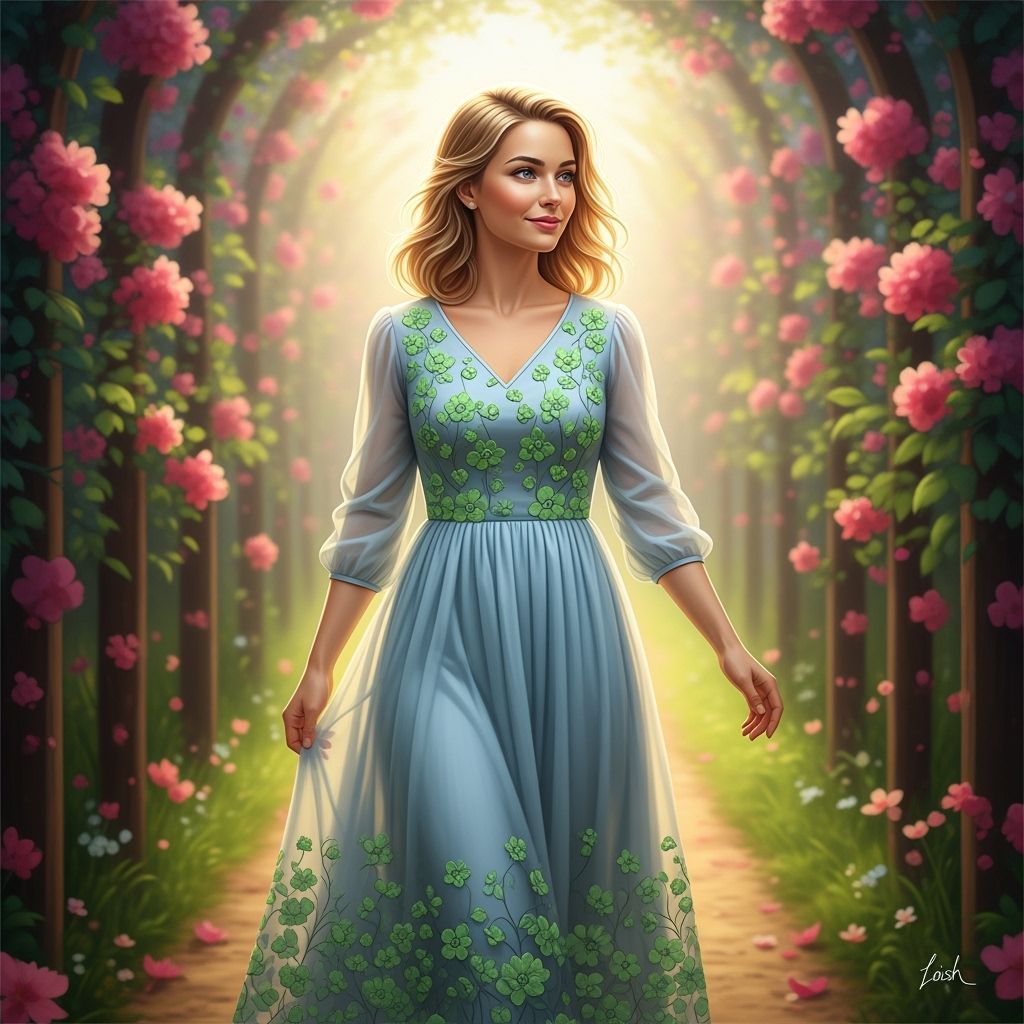 Blond Woman in Floral Dress Walking in Sunlight