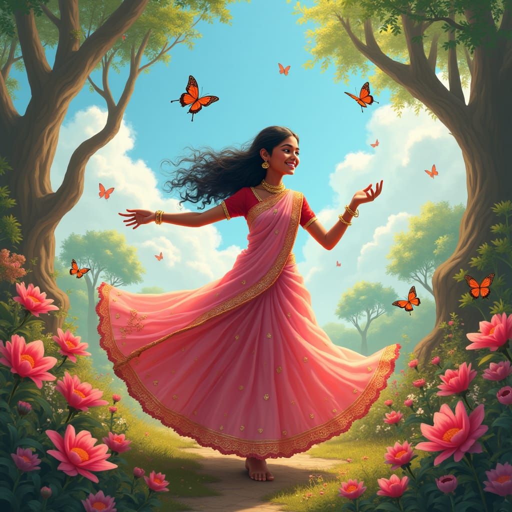 Indian Girl Dancing in Flower Garden: Matte Painting