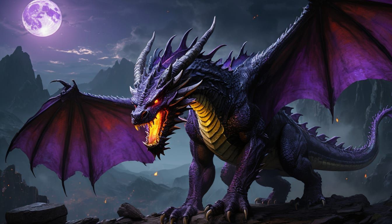 Majestic Black Dragon Breathing Purple Fire, Dark Fantasy Ar...