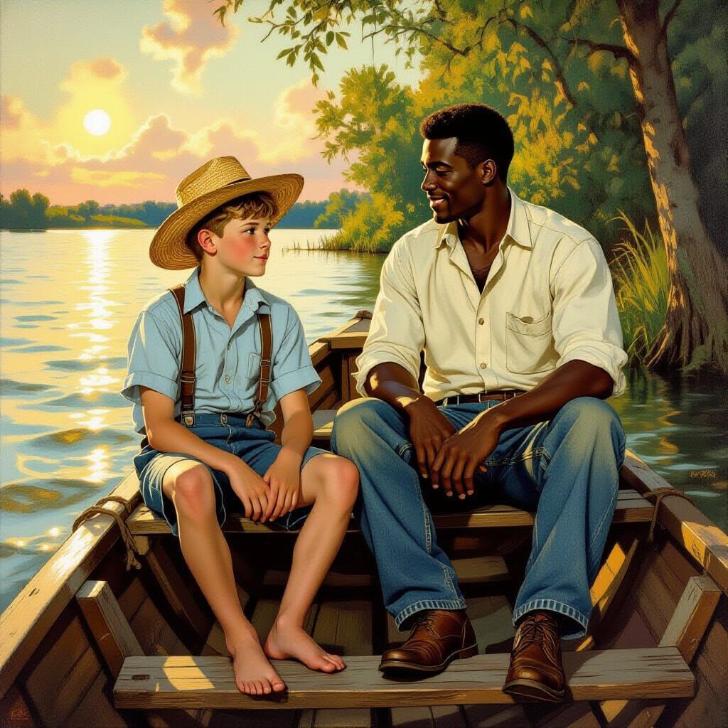 Mississippi River Raft Scene in Regionalist Style