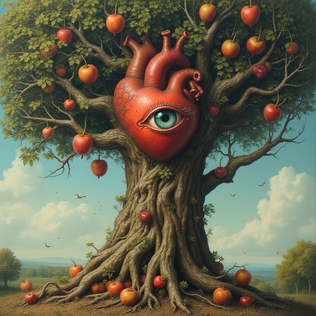 Mystical Tree with Heart and Eye, Surrealist Style