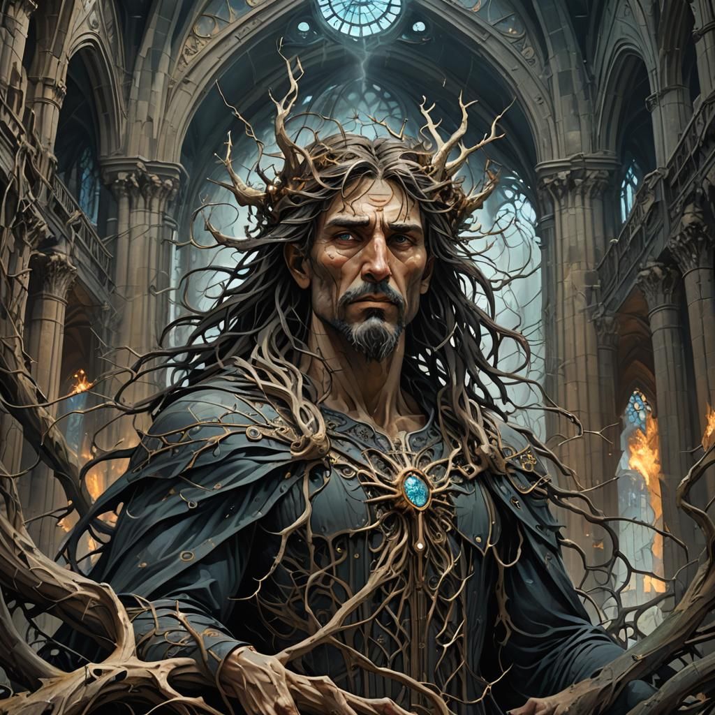 Spirit of Job in Stormy Cathedral: Art Nouveau Dark Fantasy