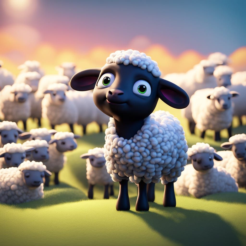 Worried Black Lamb with White Sheep: Pixar Style