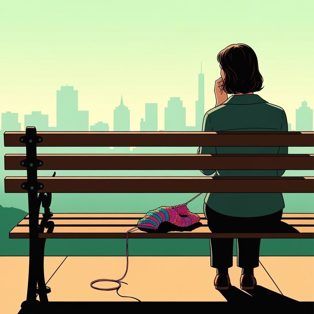 Woman Knitting on Park Bench Overlooking Cityscape