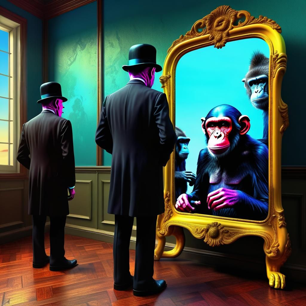 Demonic Magritte Scene with Monkeys and Mandelbulb