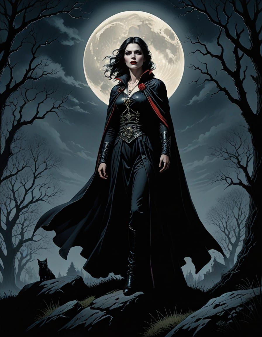 Vampire Silhouette Under Full Moon, Comic Art