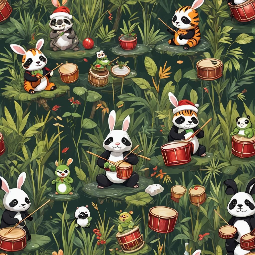 Whimsical Hybrid Animal Drumming in Rainforest