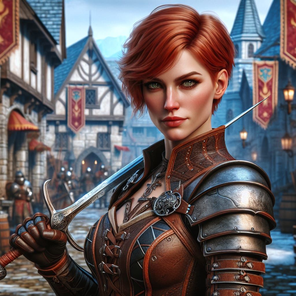 Fierce Red-Haired Warrior in Medieval Cityscape