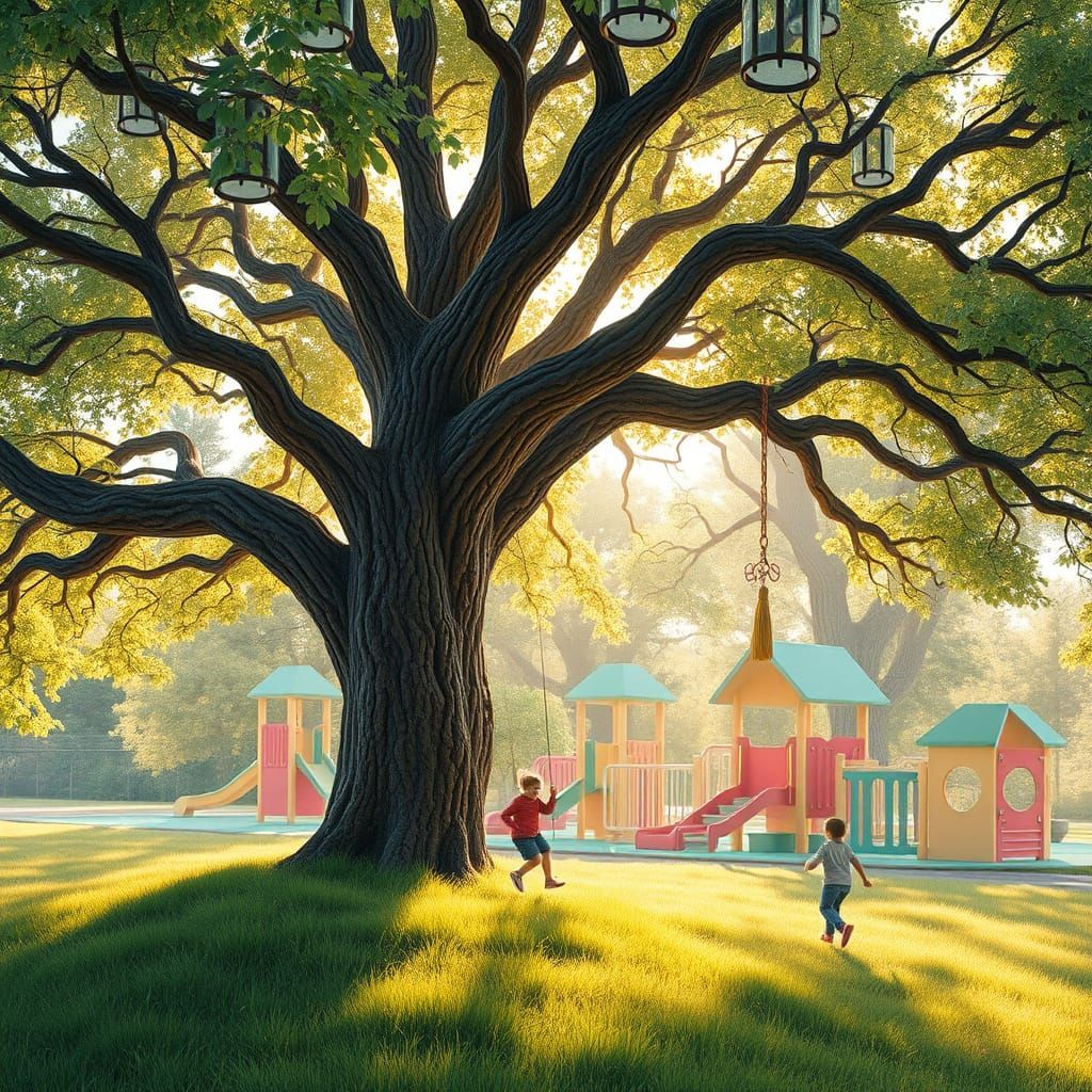Whimsical Playground Oasis Under Vibrant Oak Trees