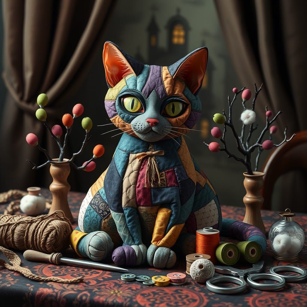 Whimsical Patchwork Cat in a Haunted Victorian Mansion