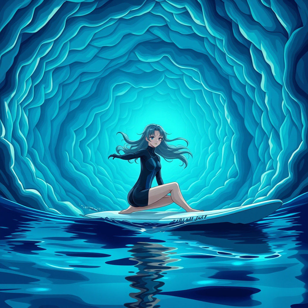 Surfer Inside Whale in Anime Style