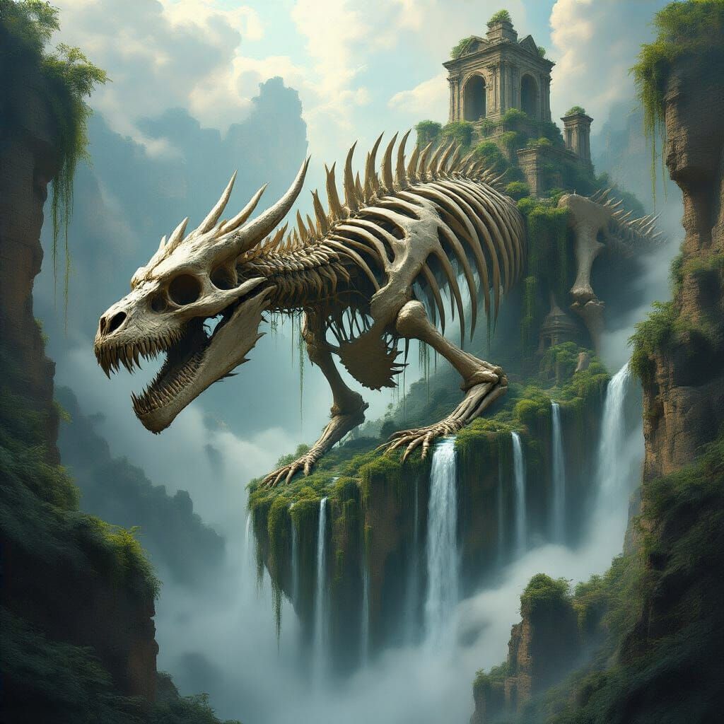 Giant Dragon Skeleton Sky Island with Waterfalls