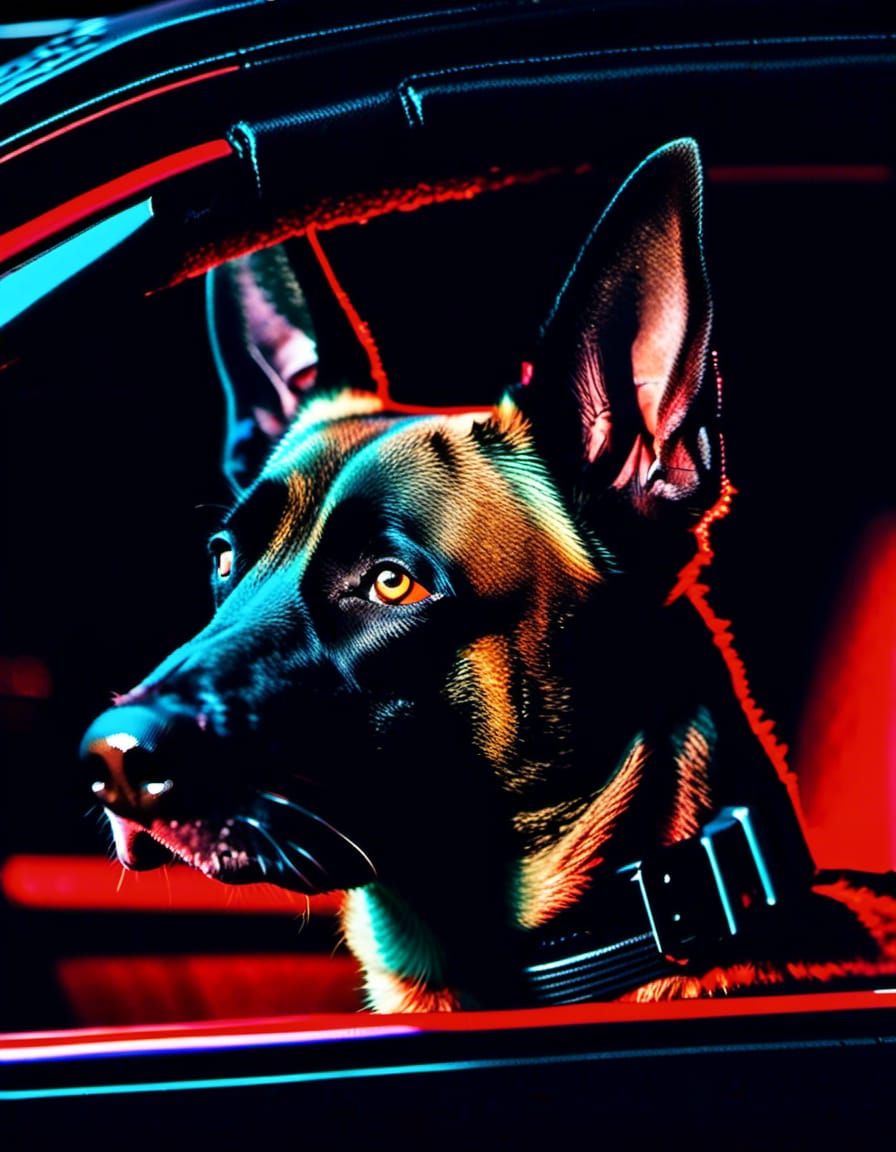 Hopeful Belgian Malinois in Car at Night